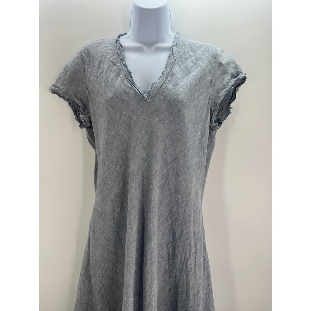 Eileen Fisher M Lagenlook Organic Linen V-Neck Frayed Edge Blue Gray Dress - Picture 8 of 9